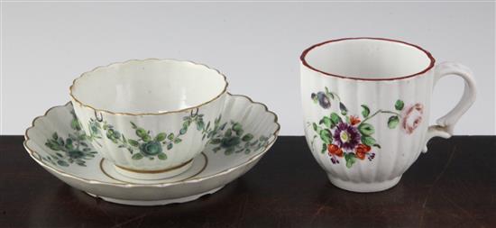 A Bristol fluted coffee cup and a Worcester tea bowl and saucer, c.1770-80, saucer 4.9in.